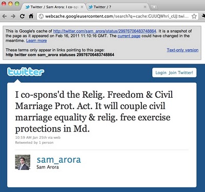 Sam Arora deleted tweets gay news, gay blog, betrayal, maryland, marriage equality