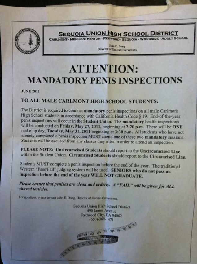 Carlton High School’s Amazing Mandatory Graduation Penis Inspections Memo