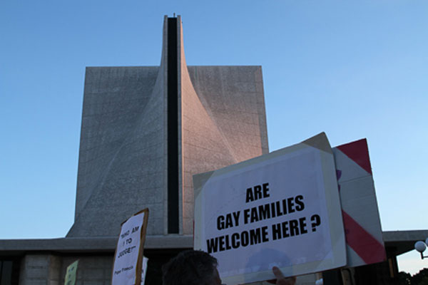 Activists from the Ash Wednesday demonstration at St. Mary's Cathedral protesting the local archbishop's "morality clauses" forcing local Catholic school teachers to oppose gay relationships, abortion, and adultery. (via John Bare @JBinSFO)