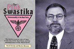 Scott Lively (currently on trial for crimes against humanity in Uganda) with his lovely little book blaming "savage" and "brutal" gays for the Nazi Holocaust.