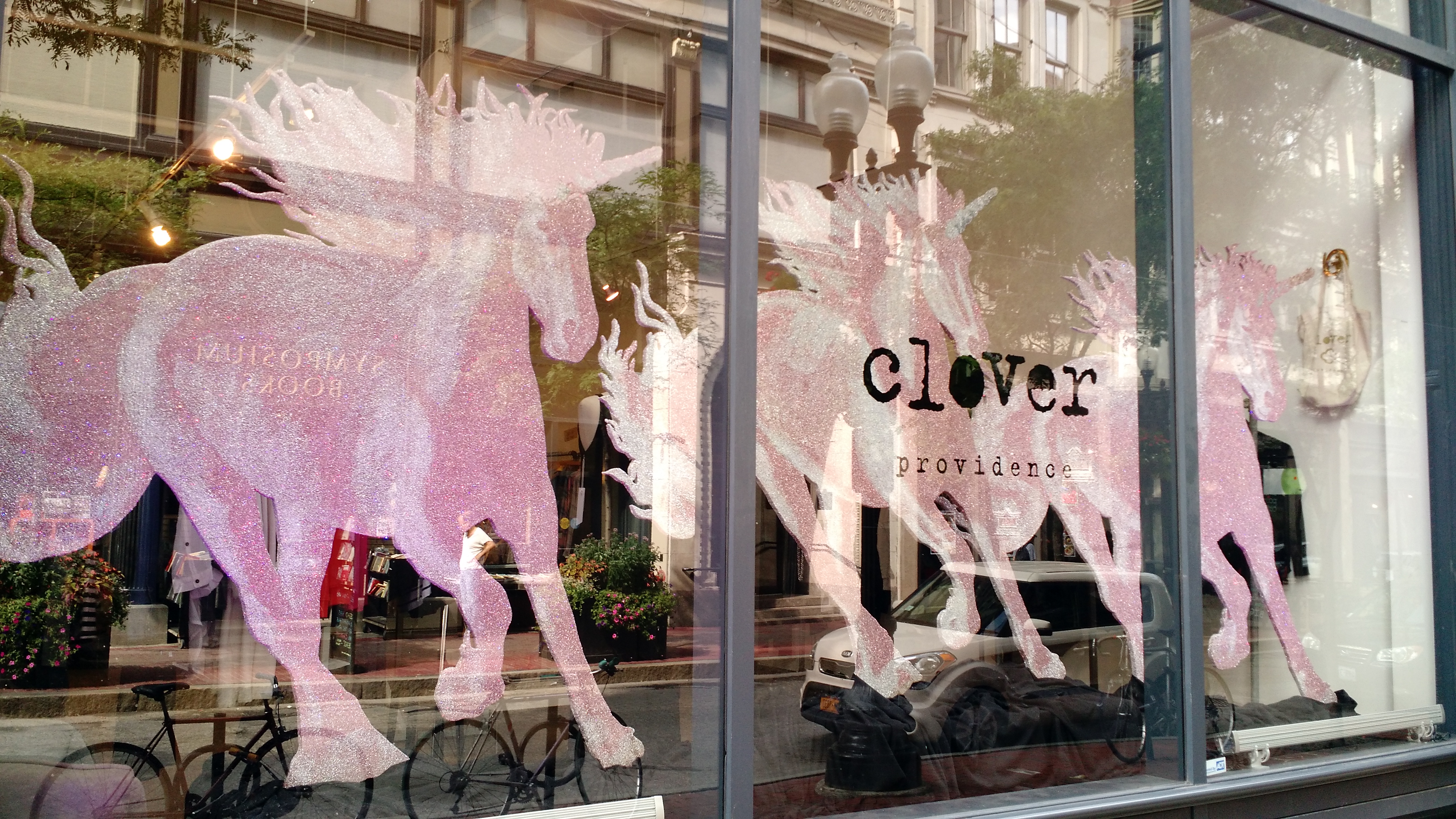 unicorns, pink, clover, store window