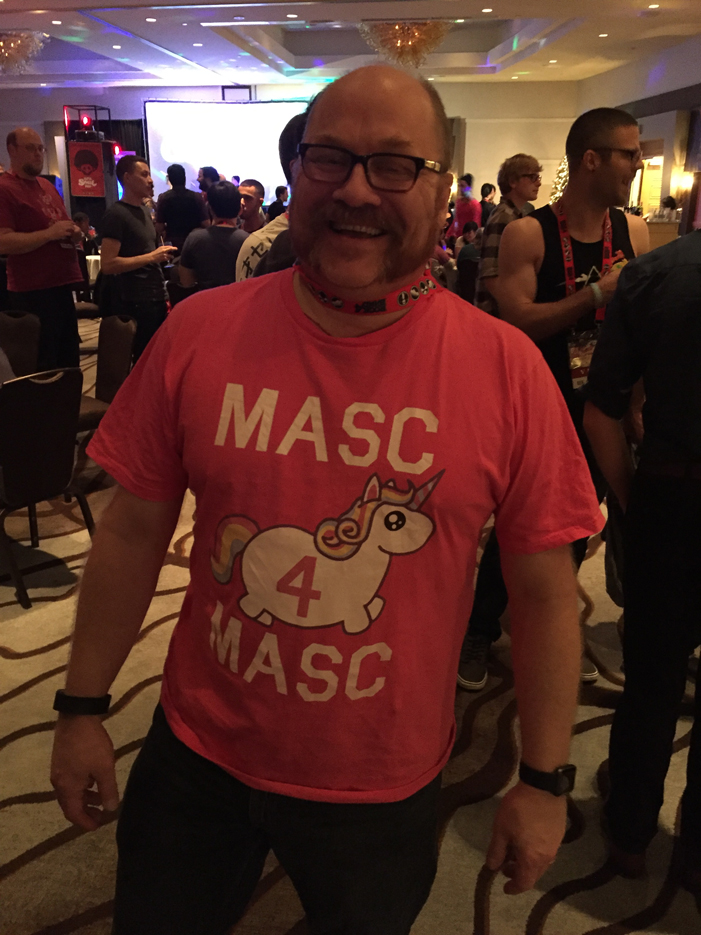 unicorn, t-shirt, masc, masculine, beard, GaymerX, GX3, VIP, pre-party, party, opening night
