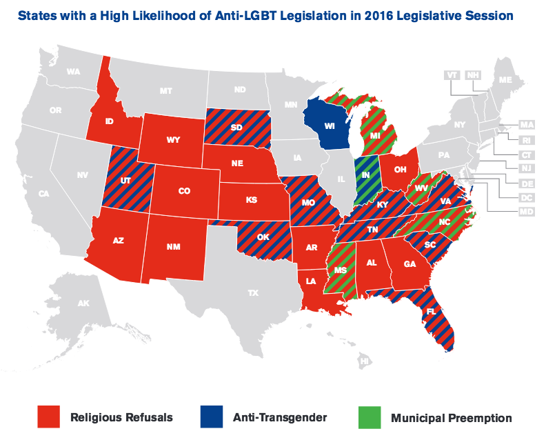 HRC map of 2016 anti-gay legislation