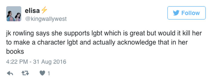 tweet, Harry Potter, JK Rowling, J.K., homophobe, Harry Potter, gay character