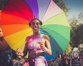 Orlando, Pride, Florida, Come Out With Pride, LGBT, gay, lesbian, rainbow umbrella, parade, girl, Black, woman
