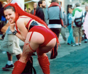 Folsom Street Fair, BDSM, kink, sexy, red, fishnets, lingerie, corset, butt, red, boots