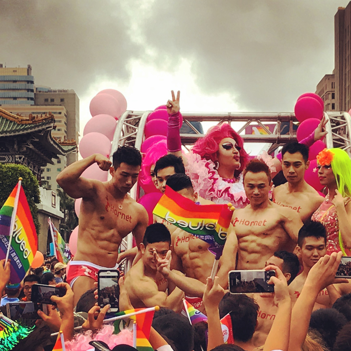 Taiwan, Taiwan Pride, parade, drag queen, Hornet, men, rainbow flags, LGBT, LGBTQ, queer