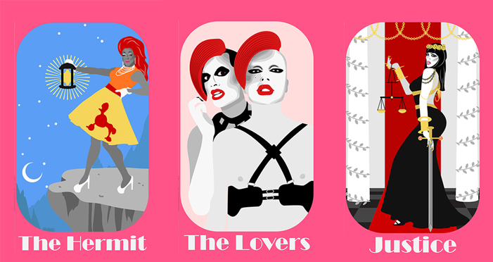 RuPaul's Drag Race, tarot cards, drag queens, major arcana, Kim Chi, Thorgy Thor, Manila Luzon, The Lovers, The Hermit, Justice, Alyssa Edwards, Bob the Drag Queen, Raja, Raven