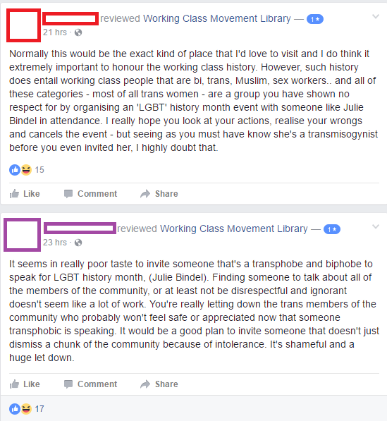 Critical comments regarding Julie Bindel on the Working Class Movement Library's Facebook page