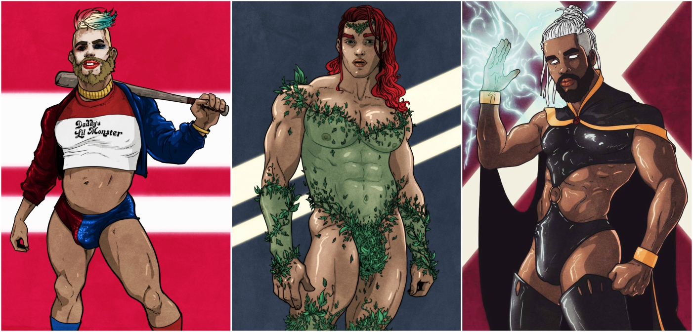 11 Sketches of Female Superheroes and Villains Imagined as Sexy Muscle Hunks