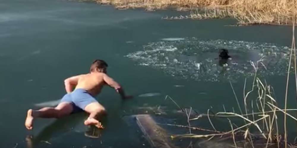 Man with Nice Butt Rescues a Dog Stuck in a Frozen Pond (Video)