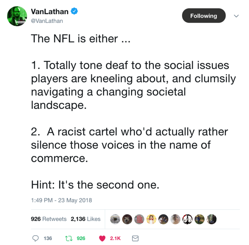 nfl kneeling ban van lathan tweet