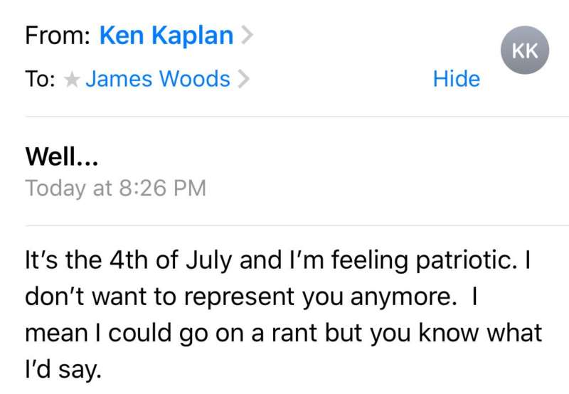 ken kaplan letter james woods's agent
