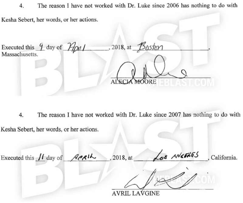 support kesha pink avril affidavits