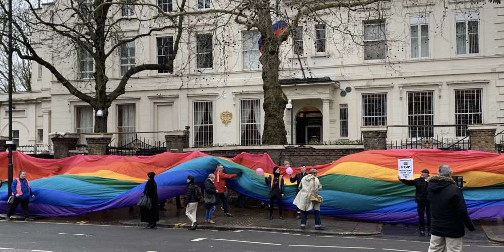 London’s Russian Embassy Was Wrapped in Rainbow to Protest Chechnya’s Gay Purge